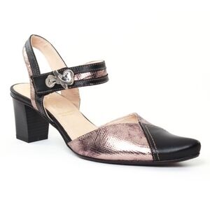 Dorking Delta Sandals Closed Toe Ankle Strap Heeled Black & Metallic Leather